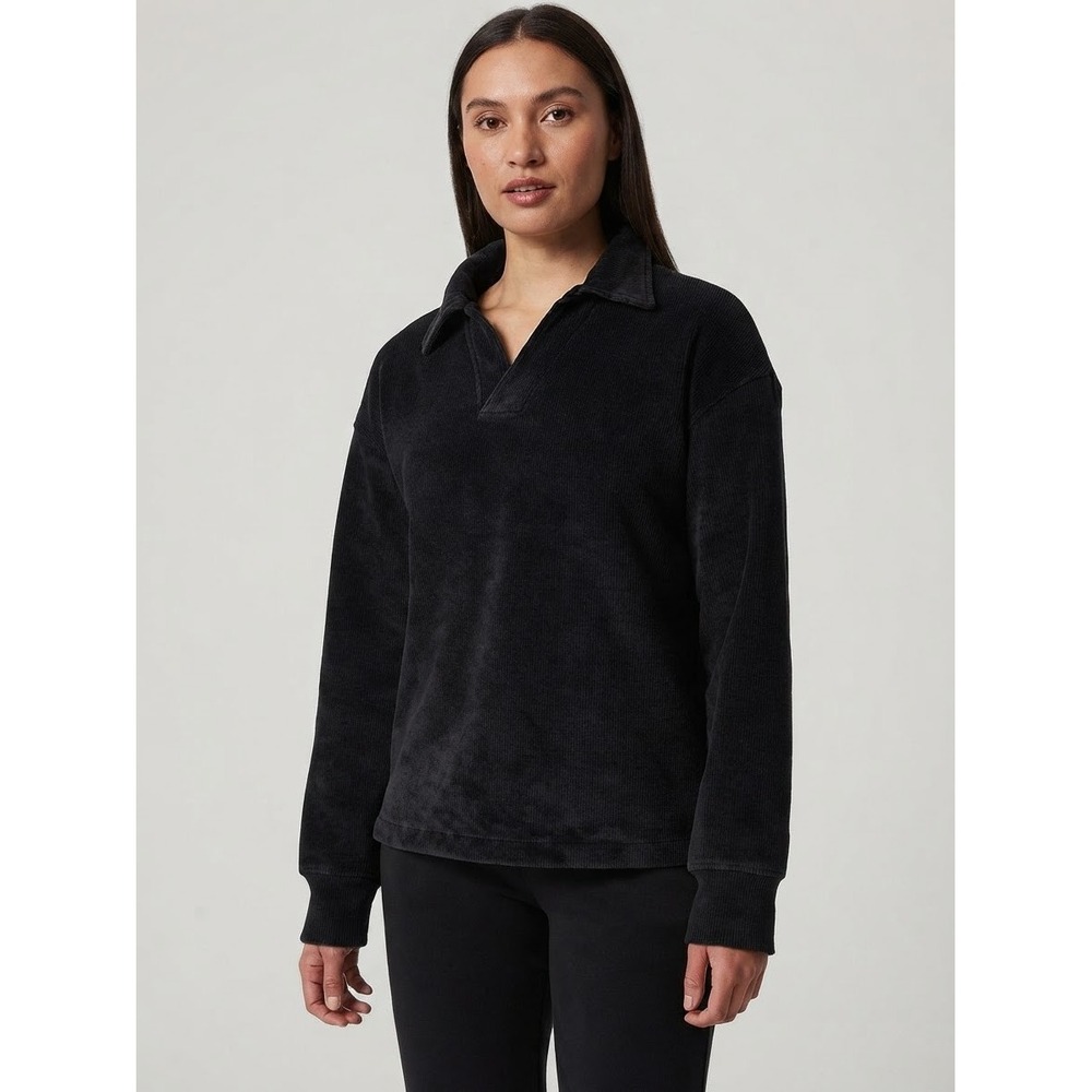 Mondetta Corduroy Fleece Pullover Black V-Neck Polo Collar Small NEW 1811780
